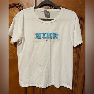 Vintage Nike Women’s T-Shirt Large White Tee Blue & White Logo